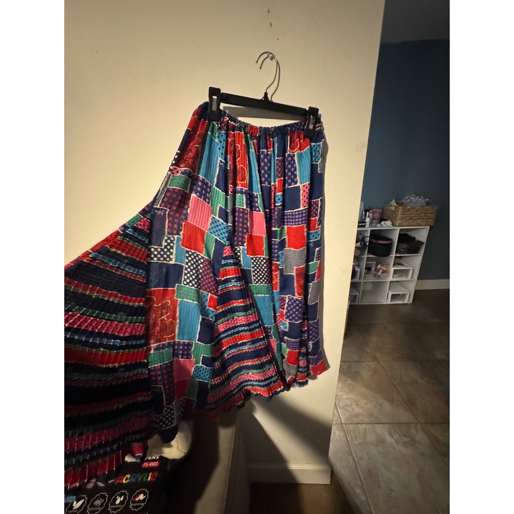 Diane Freis Vintage Patchwork Pleated Midi Skirt Multicolor
